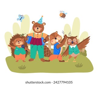 Animal band vector illustration. Join musical festivities as cheerful marching band animals parades with celebration Celebrate natures rhythms with wildlife concert