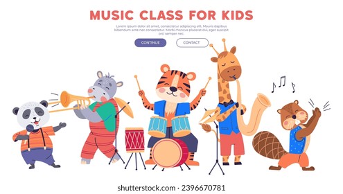 Animal band vector illustration. The marching band animals creates lively atmosphere in celebration event at zoo A cheerful music band fauna performs, turning zoo. Music class for kids