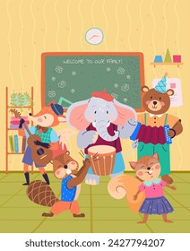 Animal band vector illustration. The zoo becomes lively celebration music and wildlife, led by cheerful animal band Join festivities as wildlife orchestra performs. Welcome to our family