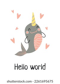 Tierbanner mit Delphin. Hallo Welttext. Positiv und optimistisch. Säugetier und Repräsentant der Unterwasserwelt. Grußkartendesign für Kinder. Cartoon-Flavektor-Vektorgrafik