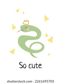 Animal banner with snake. So cute inscription. Positivity and optimism, lizard in crown, tropical animal with yellow triangles. Reptile and python. Cartoon flat vector illustration