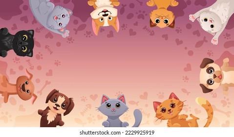 Animal banner template with cute and happy dogs and cats, space for text and print patterns. Colorful Poster design for pet shop, pet sitting concept, veterinary store. Vector cartoon background