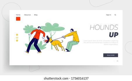 Animal Barking Trying to Bite Man on Street Landing Page Template. Scared Passerby Male Character Dash Aside of Dog Attack. Owner Holding Aggressive Pet on Leash. Linear People Vector Illustration