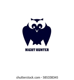 Animal based logo. Owl icon silhouette design. Simple emblem of bird night hunter isolated. Freehand drawn sign cute style. Stylized abstract symbol. Vector element of wildlife decorative background