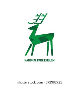 Animal based logo. Wild deer sign. Hand drawn design for national nature park emblem. Horned reindeer. Decorative vector illustration of elk. Wildlife banner element