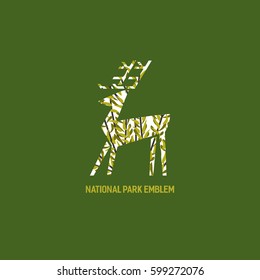 Animal based logo. Wild deer sign. Hand drawn design for national park emblem. Horned reindeer symbol. Decorative vector illustration with elk. Wildlife green color element of banner background