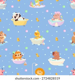 Baño animal sin patrón. Animales divertidos con burbujas, tiempo de lavado. Lindo capibara, hipopótamo, pato, perezoso y panda. Plantilla de impresión de tela, hoy en día fondo de Vector
