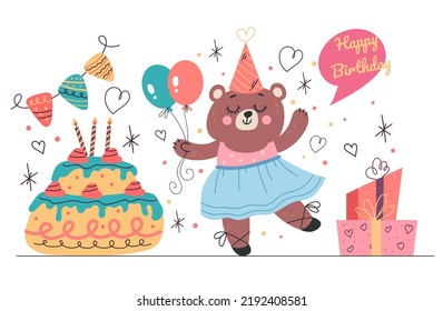 Animal bear birthday party celebration concept. Vector isolated graphic design illustration set