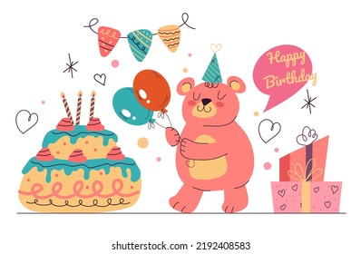 Animal bear birthday party celebration concept. Vector isolated graphic design illustration set