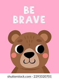 Animal bear kid card. Cute child greeting and invitation cards for birthday, baby party posters, motivational lettering. Childish print nursery decor. Bright background. Vector doodle characters