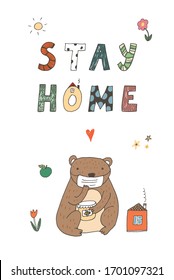 Animal bear with medical mask  coronavirus epidemic virus hand drawn vector card print for kids