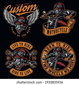 Animal bikers vintage colorful labels with inscriptions crossed wrenches and angry wolf motorcyclists isolated vector illustration