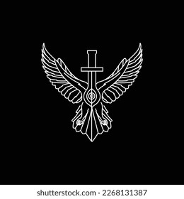 animal bird flapping wings sword dark night line minimalist geometric logo design vector
