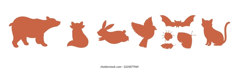 Animal and bird, insect and bat silhouettes. Bear, bunny, cat and butterfly graphic vector set. Isolated wild animals stickers collection