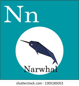 Animal and bird origami alphabet. Letter n Illustration of a happy narwhal. Cute cartoon isolated on background. Set. Set of happy birds and animals - vector graphics