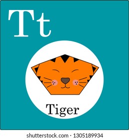 Animal and bird origami alphabet. The letter t. Illustration of a happy tiger. Cute cartoon isolated on background. Set. Set of happy birds and animals - vector graphics