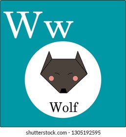 Animal and bird origami alphabet. Letter w. Illustration of a happy wolf. Cute cartoon isolated on background. Set. Set of happy birds and animals - vector graphics