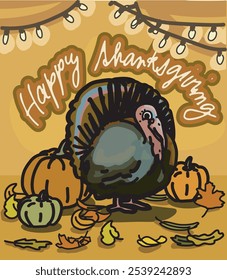 animal bird turkey with aesthetic vibe style lights and pumpkins fall thanksgiving autumn with sign "happy thanksgiving"