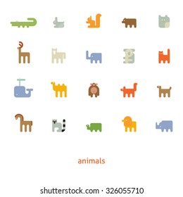 Animal and bird vector illustration icon set including fox, koala, crocodile, monkey, lion, elephant and more. 