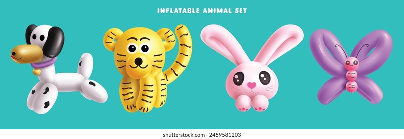Animal birthday balloons vector set design. Birthday animal inflatable collection in dog, lion, bunny and butterfly shape floating for kids happy party celebration. Vector illustration birthday animal