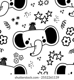 Animal birthday elephant seamless pattern. Doodle black and white animal heads and birthday hats. Confetti, sparkles, stars and flowers decor. Hand drawn kids background