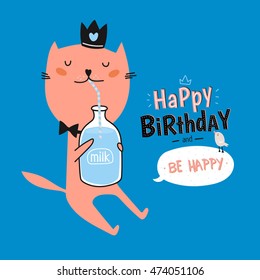 Animal Birthday greeting card design. Cute cat congratulates: Happy Birthday and Be happy. Blue background.