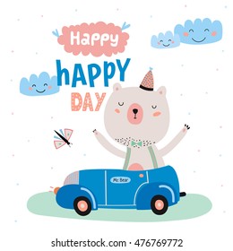 Animal Birthday greeting card design. Cute girl cat congratulates Happy Birthday. White background.