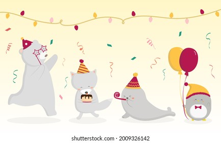 Animal birthday party preparation together. bear, fox, seal, penguin They decorated the venue with many lights and balloon. Celebration Cartoon vector illustration in flat style 