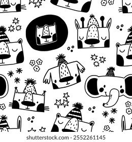 Animal birthday seamless pattern. Doodle black and white animal heads and birthday hats. Confetti, sparkles, stars and flowers decor. Hand drawn kids background