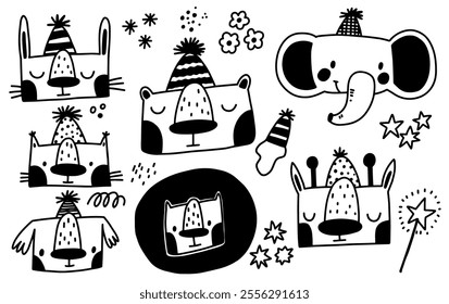 Animal birthday set. Doodle black and white animal heads and birthday hats. Confetti, sparkles, stars and flowers decor. Hand drawn kids collection