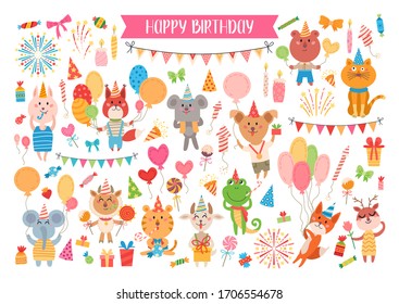 Animal birthday set. Vector illustration. Cartoon collection of colorful characters flying with balloons for kids party design