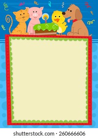 Animal Birthday Sign - Blank sign with dog, duckling, pig, cat and a cake at the top and festive background. Eps10