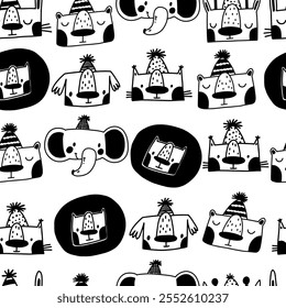 Animal birthday wild animals seamless pattern. Doodle black and white animal heads and birthday hats.  Hand drawn kids background. Nersury, textile, clothes