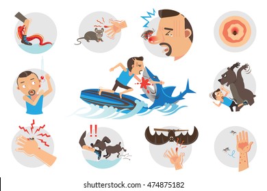 Animal Bites Wild Animal Attacking Hurting Human.Cartoon vector, illustrations 