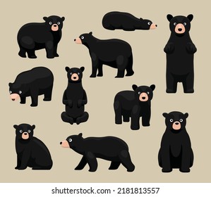 Animal Black Bear Poses Cute Cartoon Vector Illustration