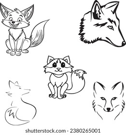 animal, black, cartoon, character, collection, creature, curious, cute, doodle, drawing, drawn, forest, fox, front, funny, fur, furry, graphic, hunting, illustration, ink, isolated, line, lying, mamma