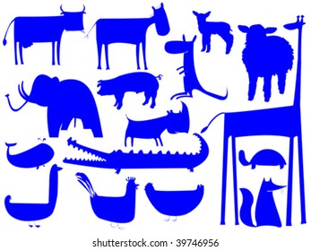 animal blue silhouettes isolated on white, vector art illustration; easy to change colors