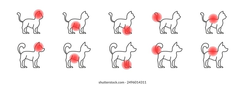 Conjunto de iconos de Vector de punto de dolor de cuerpo animal. Iconos de lesiones de dolor de gato y perro.