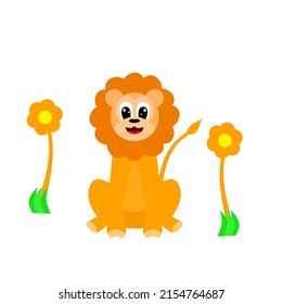 Animal Book Cover, Vector Graphic Illustration Of Cute Lion With Sunflower. Cartoon Cute Male Lion On A White Background. Suitable For Children's Book Covers And Animated Materials.