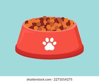 Animal bowl plate with food dog and cat. Flat bowl food biscuit isolated dish plastic red cartoon icon