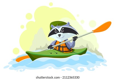 Animal boy scout raccoon swim boat canoe vector cartoon. Illustration isolated on white