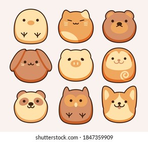 Animal bread collection: chick, kitty, bear, rabbit, pig, monkey, panda, owl, dog. Cute bakery icon vector illustration flat design drawing.