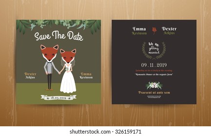 Animal Bride And Groom Cartoon Wedding Invitation Card On Wood Background