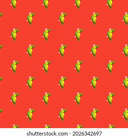 Patrón ininterrumpido de brillo animal con perfiles de doodle verde formas de pájaro. Fondo rojo. Impresión del zoológico de dibujos animados. Perfecto para el diseño de tela, impresión textil, envoltura, cubierta. Ilustración vectorial.