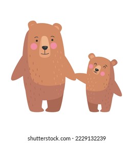 Tierbraun Grizzly Bär Mutter und Baby, süße Cartoon Familie. Vektorgrafik von glücklichen Eltern und kleinen Kindern. Mutterschaftskonzept