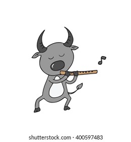 Animal buffalo playing flute cartoon drawing