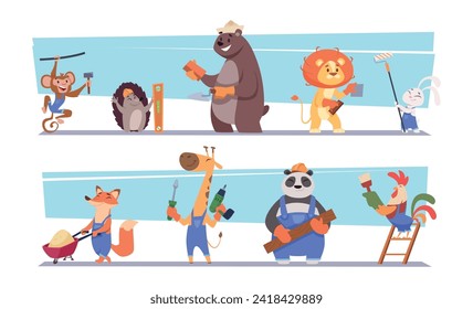 Animal builder. Cartoon mascots animal constructor workers in helmets exact vector illustration set