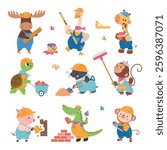 Animal builders. Funny animals repairing, constructing, building. Positive characters wear helmets and uniform, working with tools, nowaday vector set