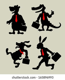 Animal Business Silhouettes. Four animals with suitcase and tie in business activity silhouette. Good use for any design you want. Easy to use or edit.