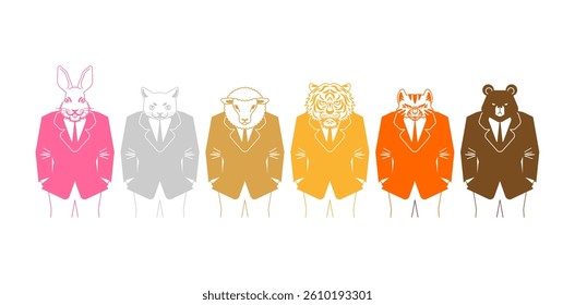 Animal businessman set. Hare and cat, lion and bear. Sheep and tiger in business suit  
